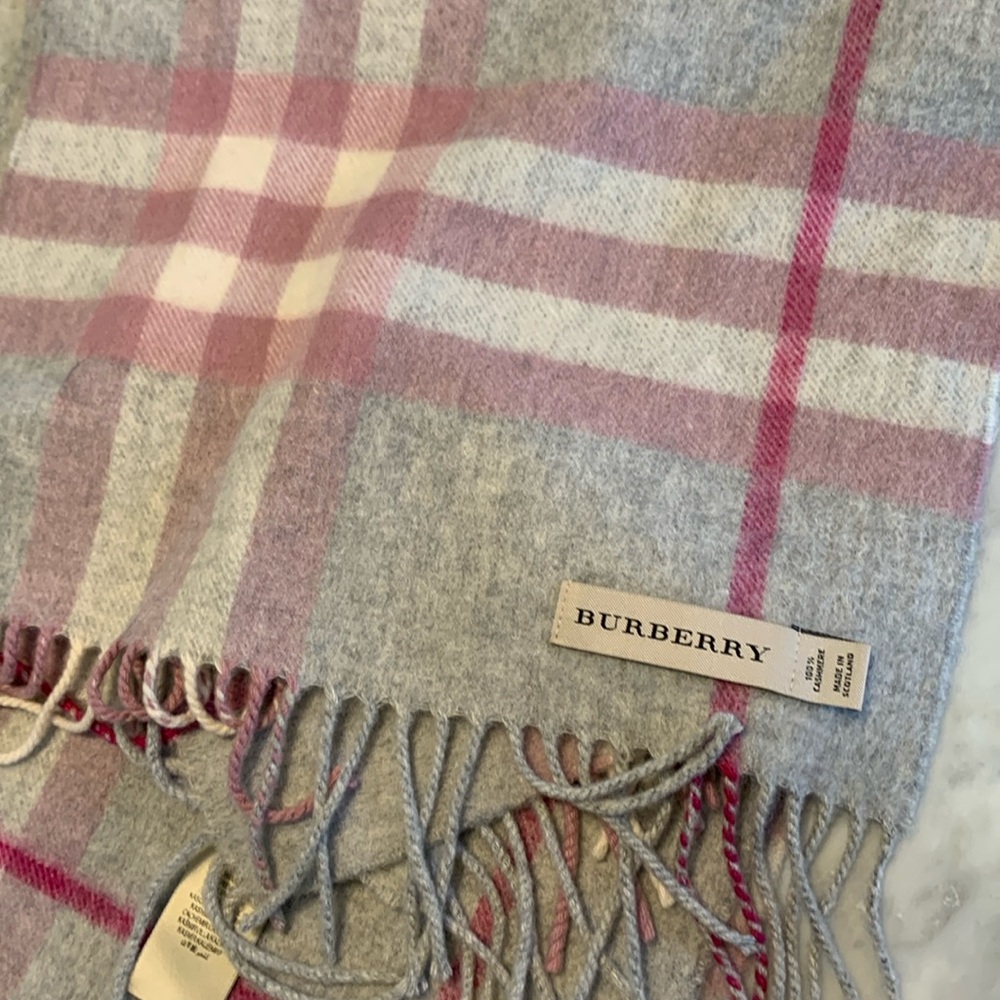 Pink and gray and white Burberry scarf